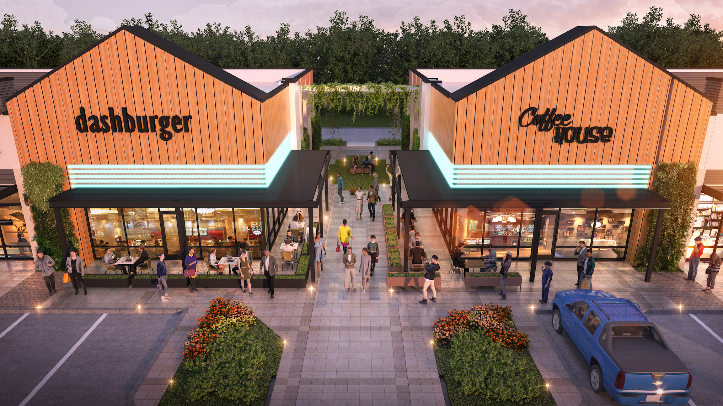Cypress Marketplace Exterior Semi Aerial Dusk